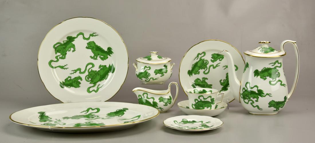 (45) Pcs Wedgwood Chinese Tigers Dinnerware: (45) Pcs Wedgwood Chinese Tigers Dinnerware, c/o (8) Dinner Plates, (8) Salad Plates, (8) B&B Plates, (9) Teacups, (8) Saucers, (1) Oval Platter (Broken), (1) Sugar, (1) Creamer, (1) Teapot