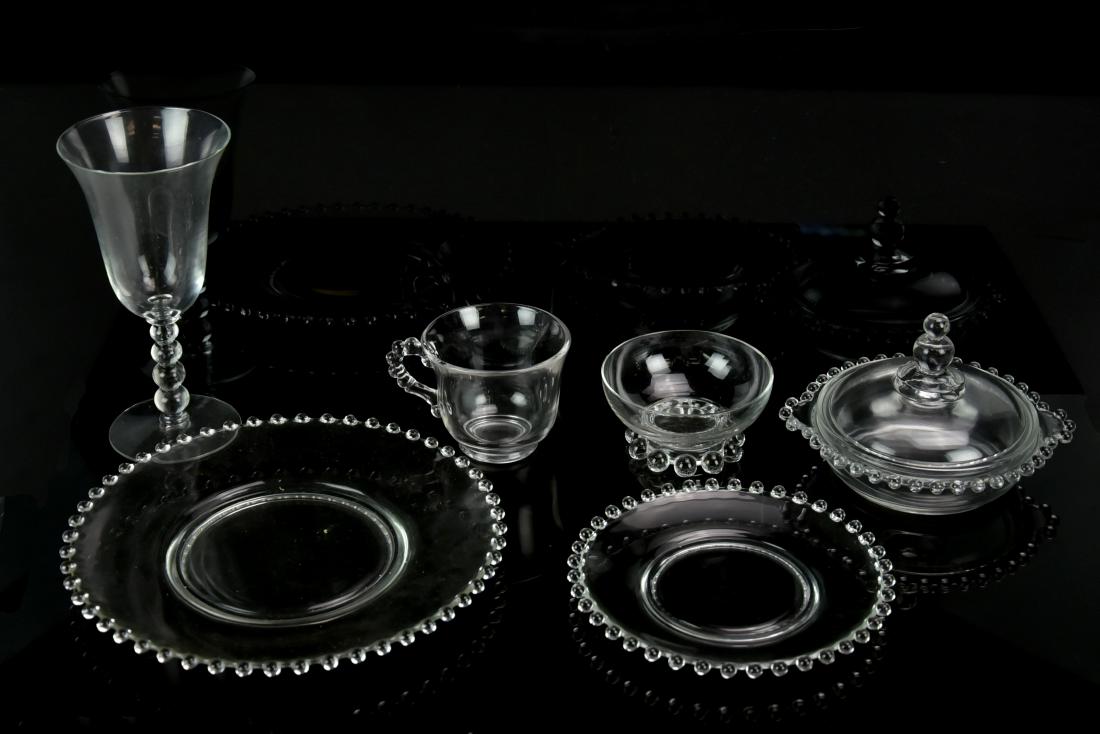 (42) Pcs Imperial Candlewick Dinnerware: (42) Pcs Imperial Glass Candlewick pattern dinnerware, c/o 7 dinner plates, 6 B&B plates, 5 fruit bowls, 8 teacups, 8 saucers, covered bowl, sugar, creamer, 5 wine goblets