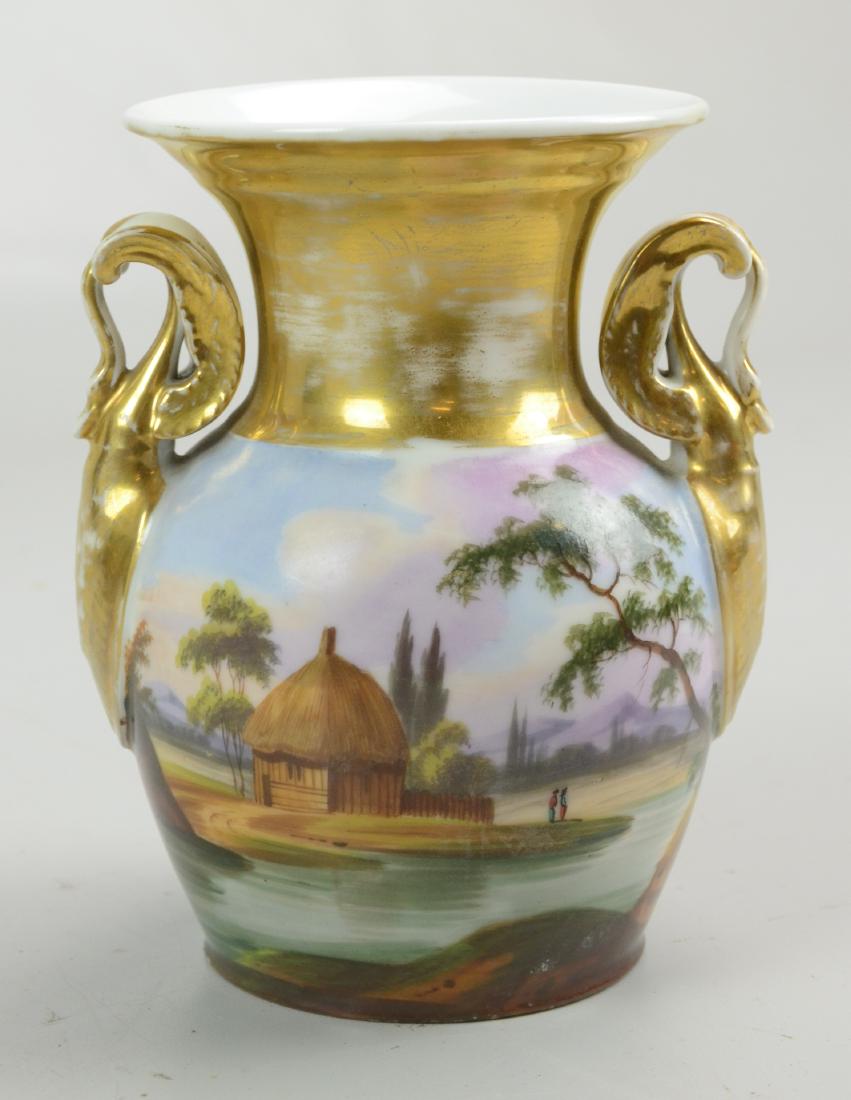 French Porcelain Vase: French porcelain vase, Old Paris, William Tucker Philadelphia style, c 1825, hole in base in the making so it could be mounted, 5-5/8" h