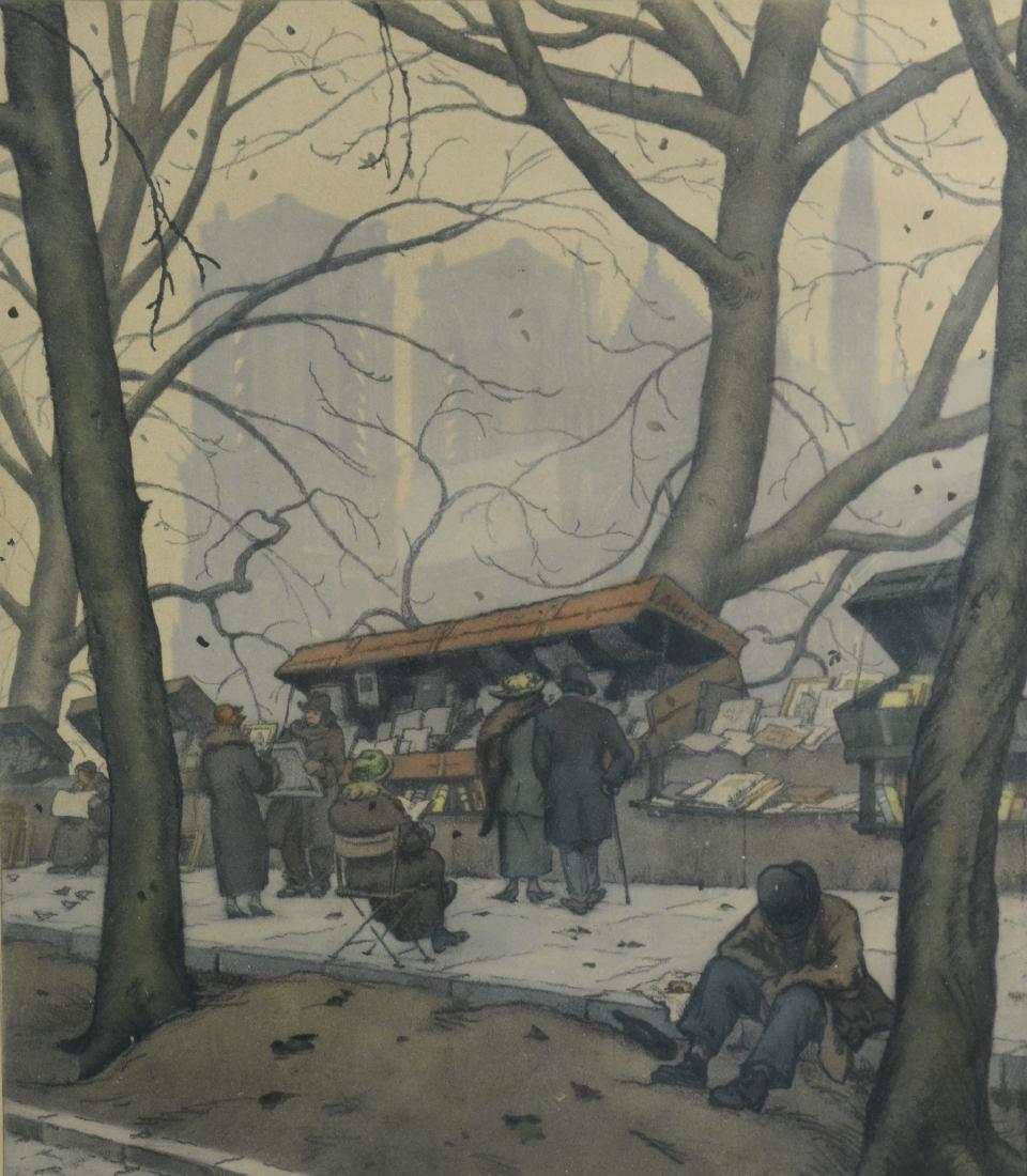 Jaromir Stretti-Zamponi Etching "Les Bouquinistes": Jaromir Stretti-Zamponi (Czech, 1882-1959) etching "Les Bouquinistes", etching and aquatint on paper, pencil signed, 14-1/2" x 12-3/4" plate, framed 22-1/2" x 18-1/2", good condition with toning