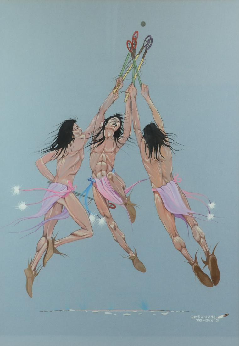 David Williams Native American Painting "Stick Ball": David Williams, 20th C. Native American painting "Stick Ball", casein on paper, signed "David Williams", 23-1/2" x 16-1/2" sight, framed 29-3/4" x 21-3/4", very good condition