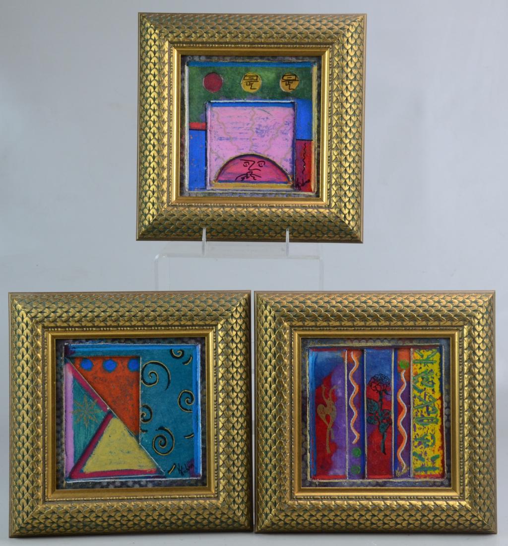 Kevin Kichar (3) Postmodernist Paintings: Kevin Kichar, 20th C. American, (3) Postmodernist paintings, mixed media collage on paper, signed "K. Kichar", 6-3/4" x 6-3/4", framed size 10-1/4" x 10-1/4", very good condition