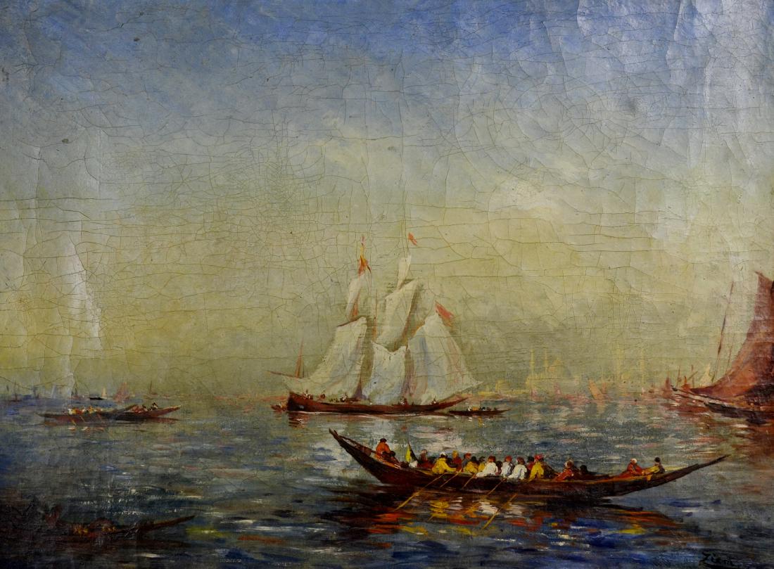 Manner of Felix Ziem "Venetian Harbor" Painting: Manner of Felix Ziem "Venetian Harbor" painting, oil on canvas, bears a signature after Ziem, 23-3/4" x 31--3/4", fair condition, age cracking, canvas needs restretching, needs cleaning