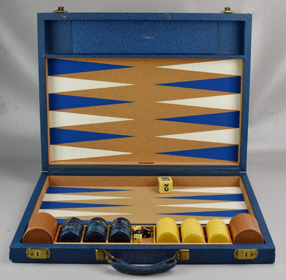 Crisloid Bakelite Backgammon Set: Crisloid Bakelite Backgammon Set (Case Measures 23-1/2" l x 18" w x 3-1/2" h when folded, Chips 2" dia)