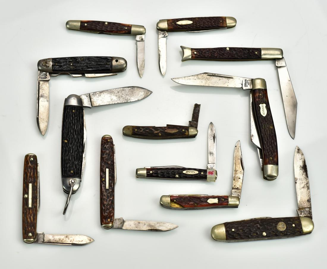 (12) Bone Pocket Knives: (12) Bone Pocket Knives Including (2) Boker, Schrade, (2) Case, Kutmaster, Pal, Utica, Cutlery, Robeson