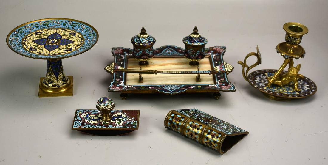 6 pc Bronze & Champleve French Desk Set: 6 pc Bronze & Champleve Desk Set, c/o double inkstand with onyx insert and quill pen, 8" x 6 3-4"; chamberstick with cherub support, 4-3/4" h; tazza, 5-5/8" d, 3-3/4" h; bookform notepad holder, 3-7/8