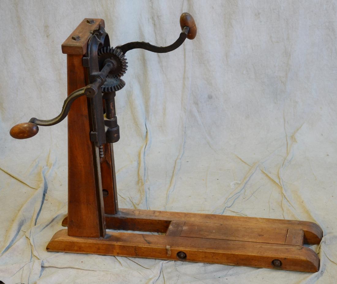 Antique Hand Crank Wood and Iron Drill Press: Antique Hand Crank Wood and Iron Drill Press (29" l x 16" w x 24-3/4" h)