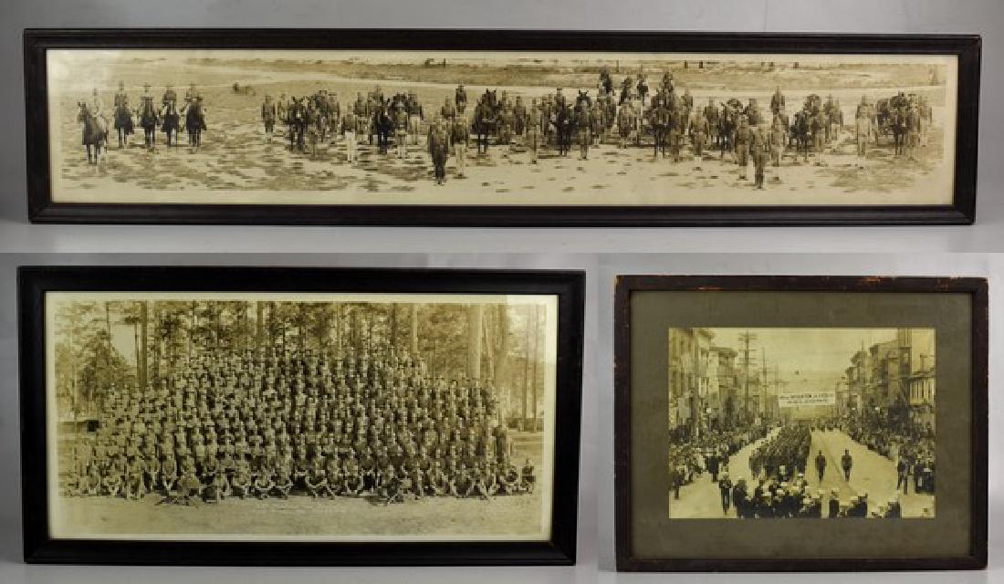 (3) Military Photographs: (3) Military Photos Including: Yard Long Photograph of Military Men (No 150, Paul C. Richards, Montgomery Ala.), (Frame Measures 46-3/4" l x 9-3/4" w), Military Men with Information: 25th Machine Gun 