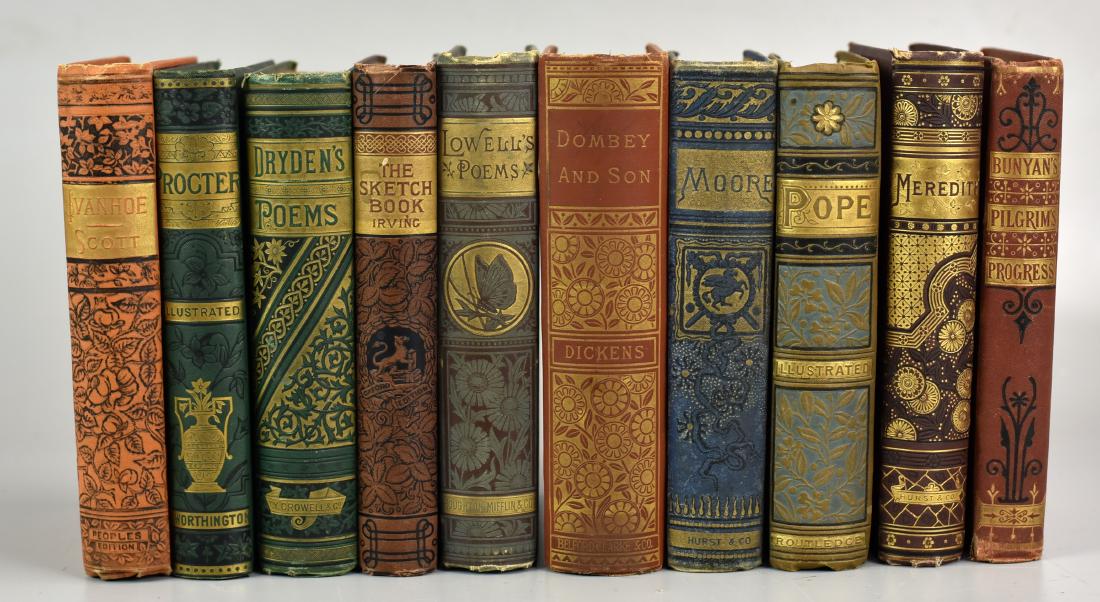 (10) Books: American Publishers' Bindings: (10) Books: American Publishers' Bindings, c/o Dickens "Dombey and Son", "The Poetical Works of Thomas Moore", "The Poetical Works of Alexander Pope", "The Poetical Works of Owen Meredith", Bunyan "Pi