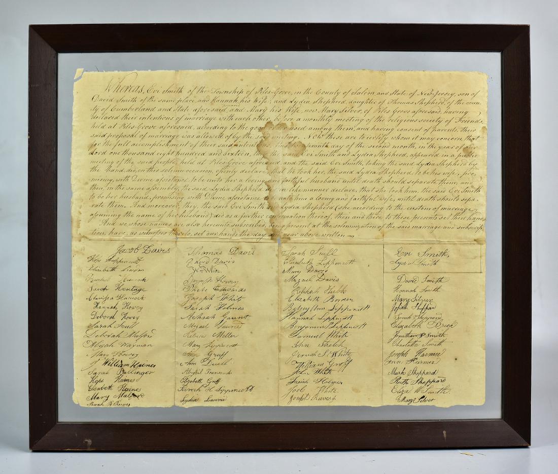 Manuscript Quaker Marriage Contract, 1816: Manuscript Quaker Marriage Contract, dated 1816, between Evi Smith and Lydia Shepherd of Pilesgrove, New Jersey