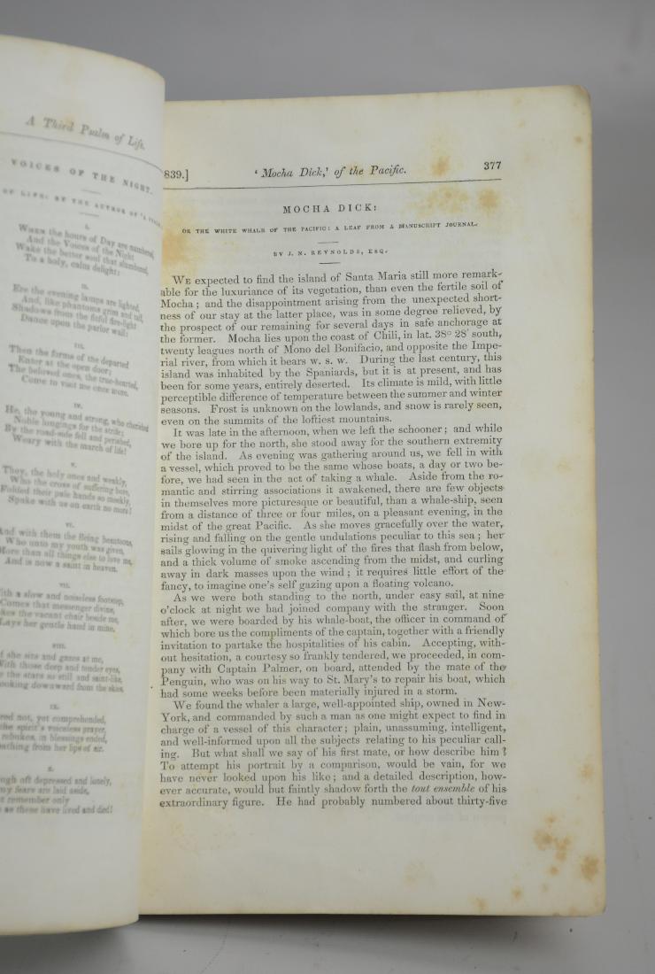 1st Printing: "Mocha Dick", inspiration for "Moby Dick": 1839 Knickerbocker magazine featuring short story by explorer Jeremiah Reynolds "Mocha Dick: or, The White Whale of the Pacific" about an albino sperm whale which inspired Herman Melville's "Moby Dick