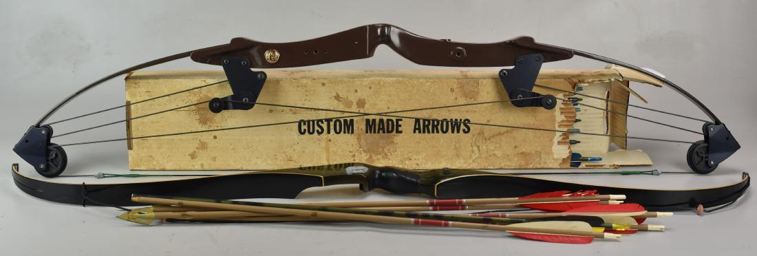 (2) Bows and Arrows: Wing Archery Co Thunderbird Bow, Bear Whitetail Hunter Bow, Bear Arrows, Custom Made Arrows