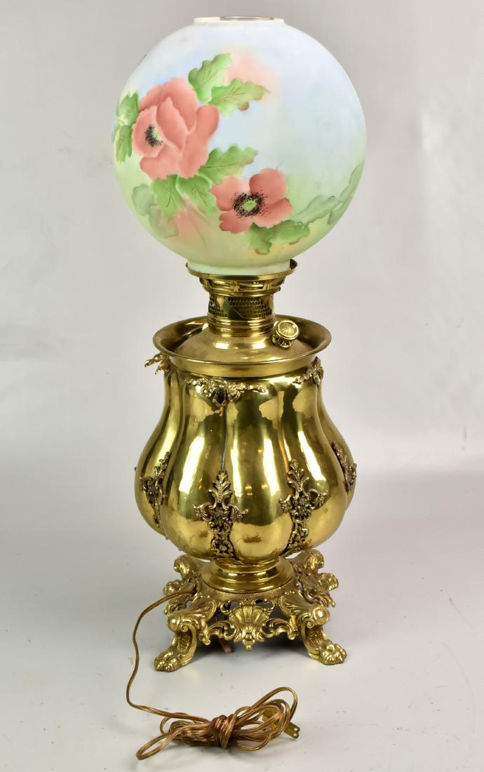 Electrified New Rochester Oil Lamp: Electrified New Rochester Oil Lamp with Gone with the Wind Hand Painted Floral Lamp Shade (25" h)