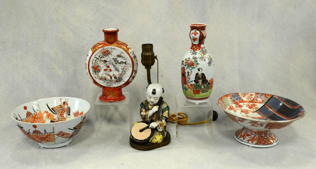 (5) Pcs Japanese Satsuma Pottery: (5) Pcs Japanese kutani porcelain c/o bowl, compote, 2 vases and figure of young boy mounted as a lamp, largest 9-1/4" dia.
