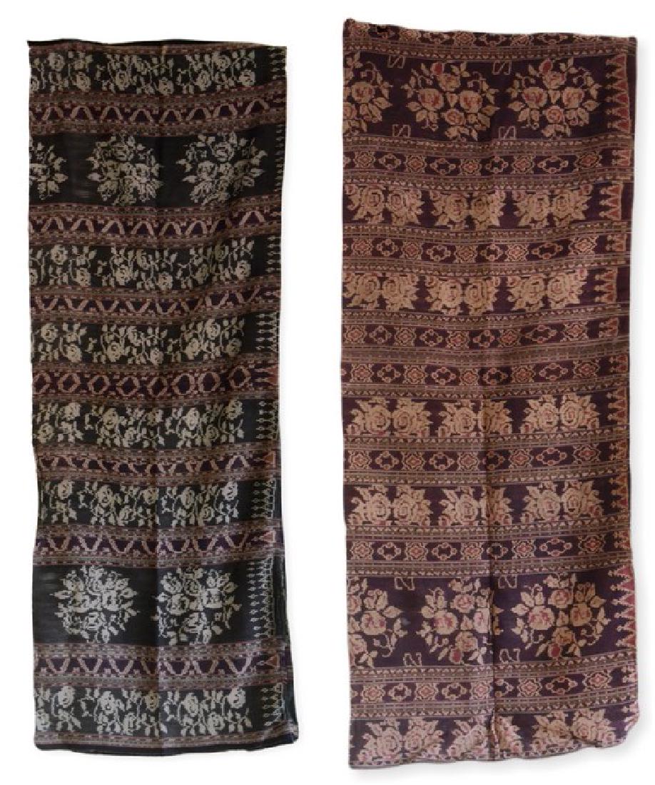 (2) Finely Woven Indonesian Textiles: Finely woven Indonesian textile grouping to include woven banded floral motifs in purple wash, 40" x 52" and navy wash, 24"x61".