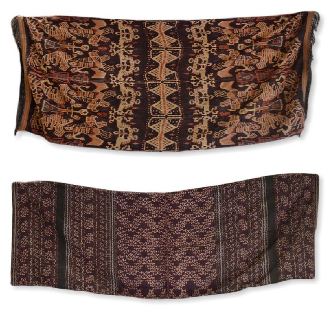 (2) Finely Woven Indonesian Textiles: Finely woven Indonesian textile grouping to include (2) animal printed and geometric panels, one with fringe at hem. 92" x 42" and 60" x 46"