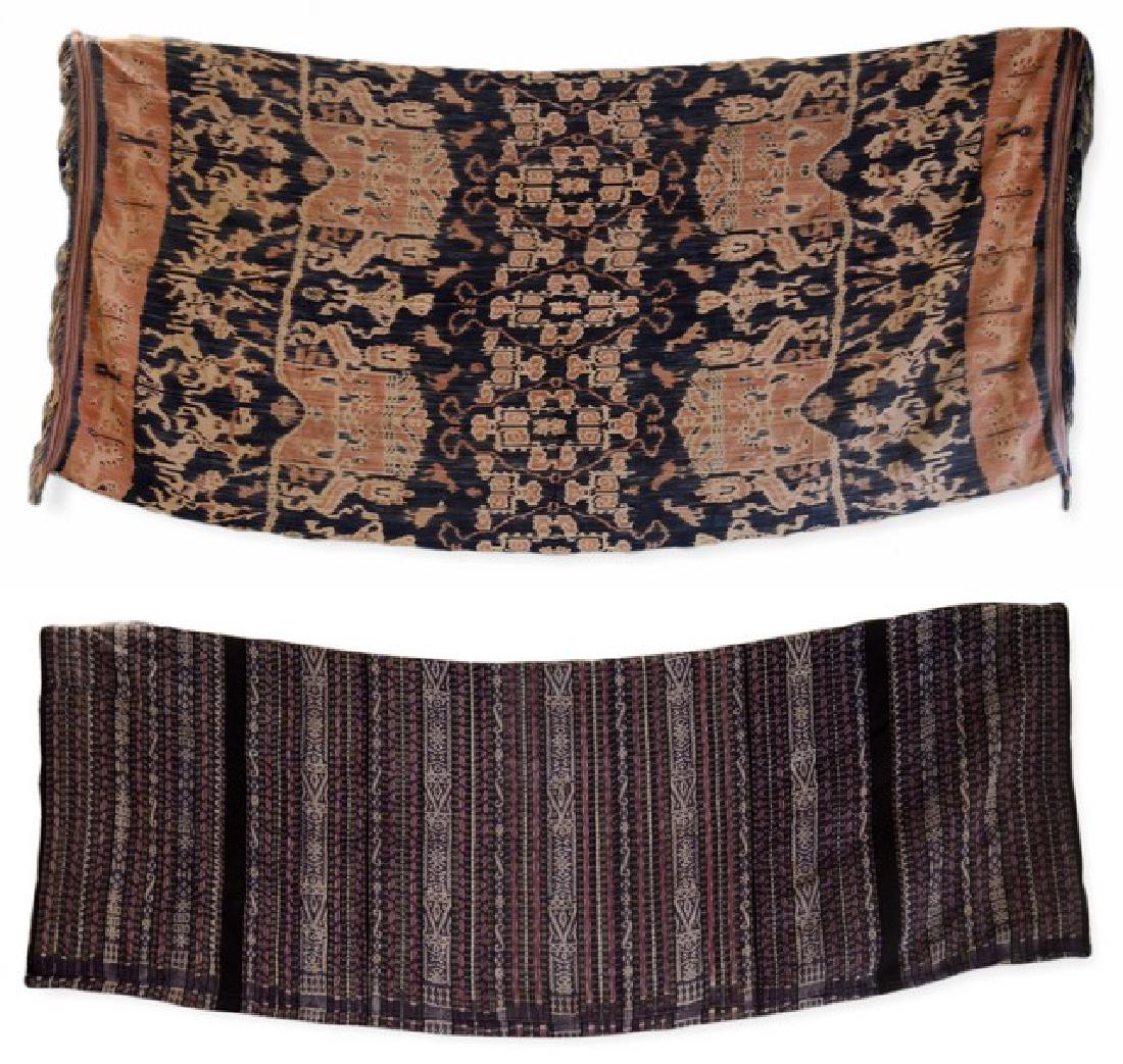 (2) Finely Woven Indonesian Textiles: Finely woven Indonesian textiles in scenic and geometric print. Larger is trimmed by fringe in coordinating colors. 91"x42" and 68" x 24"