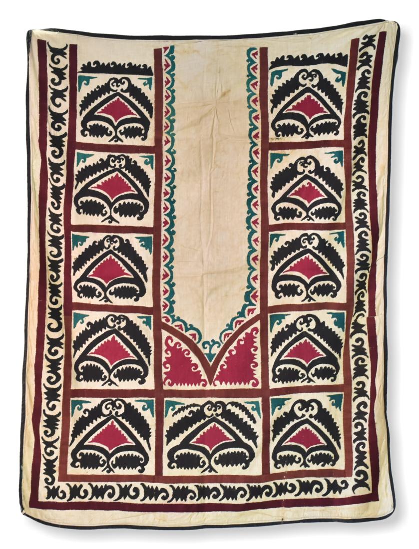 Embroidered Silk Prayer Suzani With White Ground: A finely embroidered silk prayer suzani with white ground decorated with a central doorway trimmed with a floral chain, followed by a wide band of large floral squares, bordered by a narrow band of le