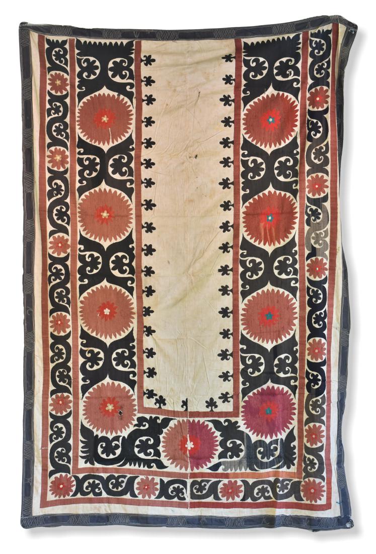 Embroidered Linen Prayer Hanging With White Ground: An embroidered linen prayer hanging with white ground; the bare niche is surrounded by nine medallions, interspersed with large stylized leaves, bordered with flowers and hooked, stylized leaves, Uzbe
