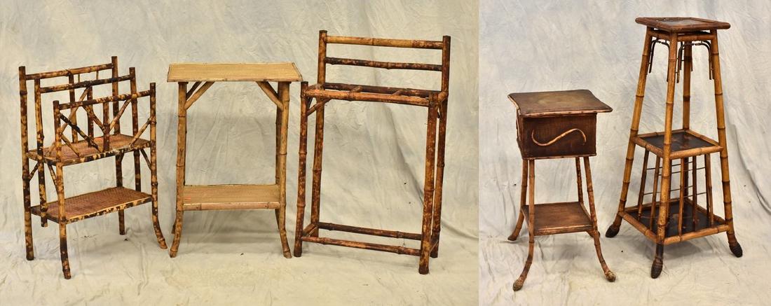 (5) pcs bamboo furniture: (5) pcs bamboo furniture, c/o magazine rack, umbrella stand, 3 tier plant stand, 2-tier side table, lidded stand with removable insert, largest 44"h