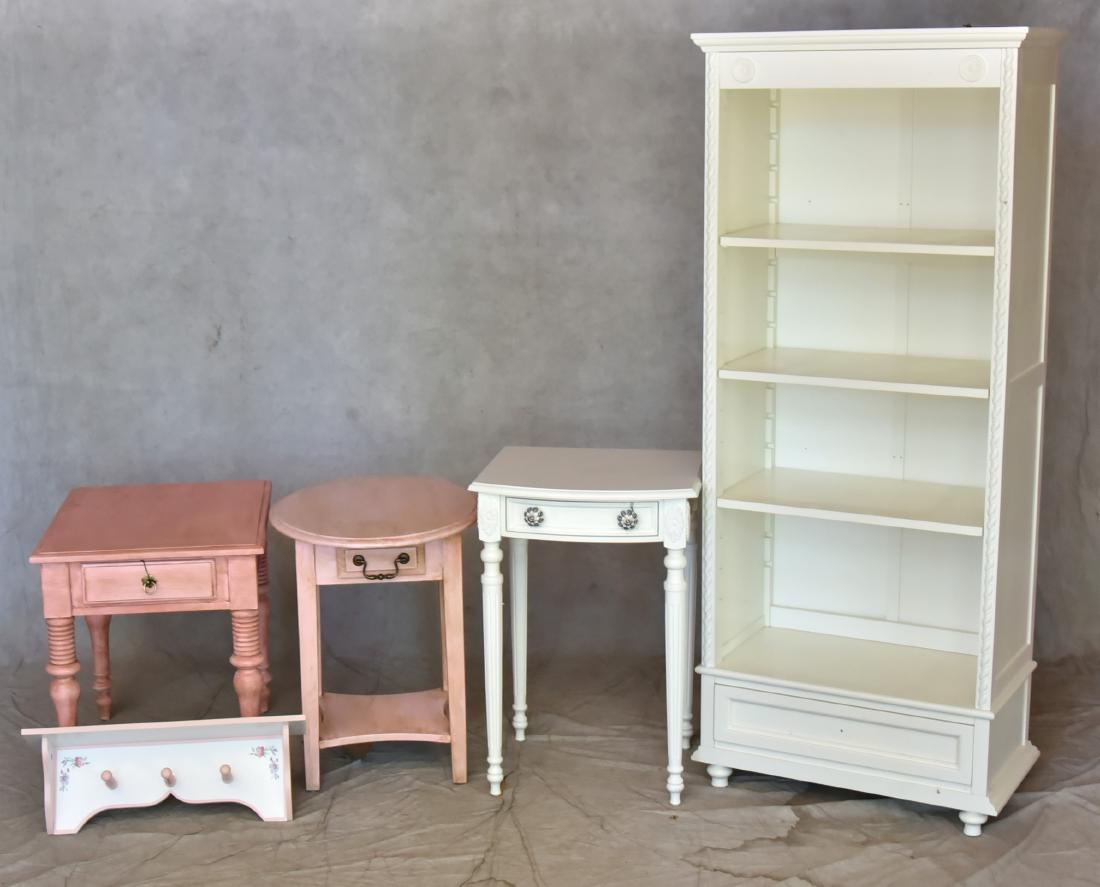 (5) pcs painted furniture: (5) pcs painted furniture, c/o Ethan Allen pink painted side table, Ballerina painted wall shelf, white bookcase with lower drawer, pink painted one drawer side table, white one drawer side table, , b