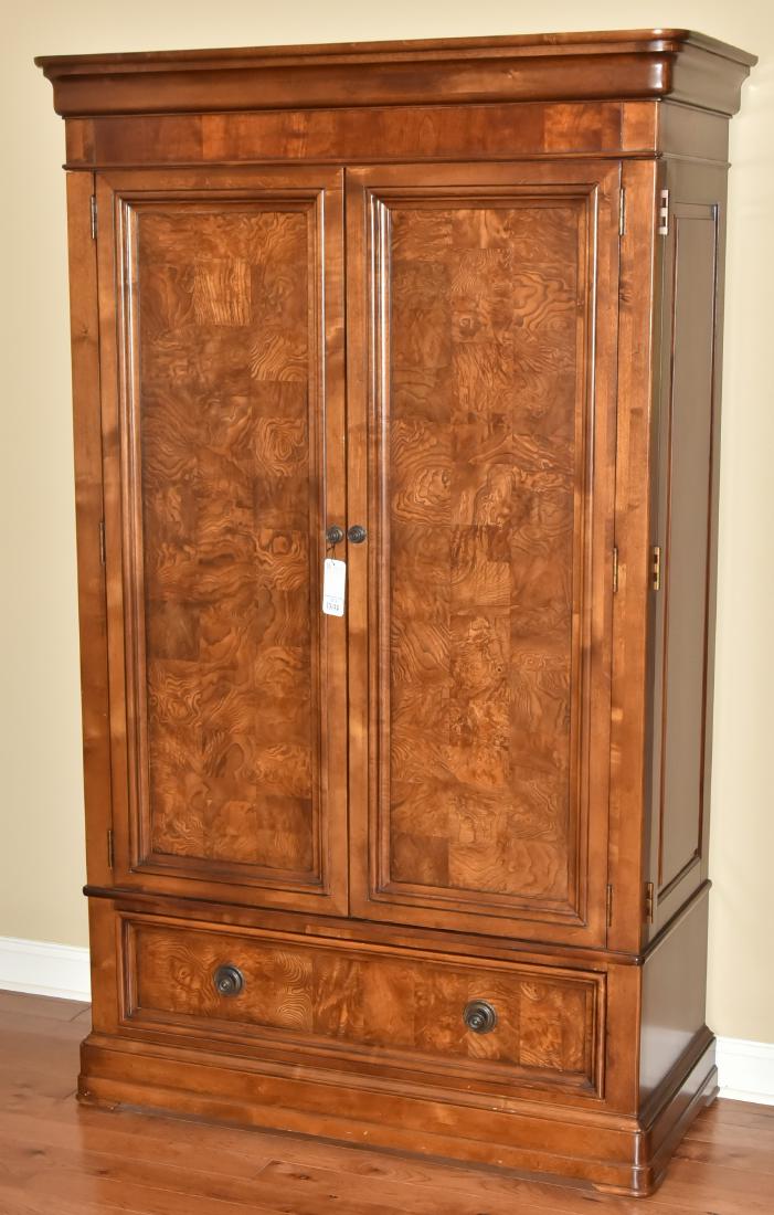 Ethan Allen burl walnut paneled wardrobe: Ethan Allen burl walnut paneled wardrobe, interior with shelves and drawers, lower drawer, 83"h x 43"w x 26-1/2"d