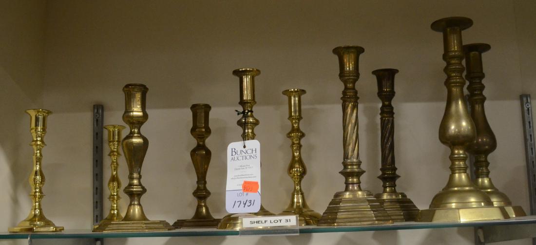 Shelf #31 - (5) Pr Brass Candlesticks: Shelf #31 - (5) Pr of brass candlesticks, including (4) Pr original push-ups (missing inserts), one marked "Baldwin Forged in America", one marked "Made in England", tallest 12"