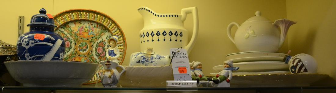 Shelf #46 - Porcelain Including Asianware: Shelf #46 - Porcelain Including Chinese Rose Medallion reticulated Plate, Blue Asian Bowl, Blue Asian Vase, Flower Teapot, Irma Pitcher, Lenox Plates, (4) Rorstrand Plates, (3) Goebel Figures, Royal D