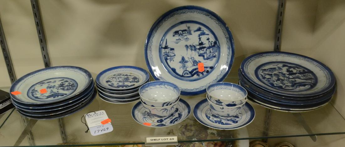 Shelf #69 - (23) Pcs Canton Dinnerware: Shelf #69 - (23) Pcs Blue & white Canton porcelain dinnerware, most unmarked, some marked China, c/o 7 dinner plates, 5 salad plates, 5 B&B plates, 2 saucers, 4 bowls, most with condition issues