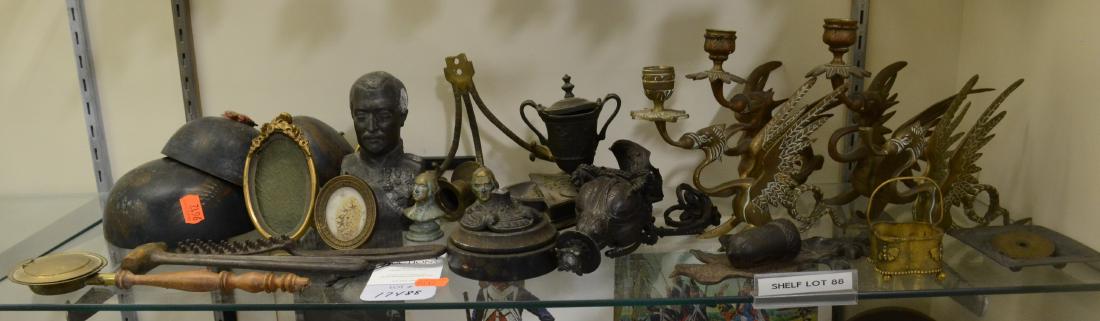 Shelf #88 - Mixed Metal: Shelf #88 - Mixed metal, including brass dragon candleholders, picture frames, bronze acorn wall pocket, tools, busts