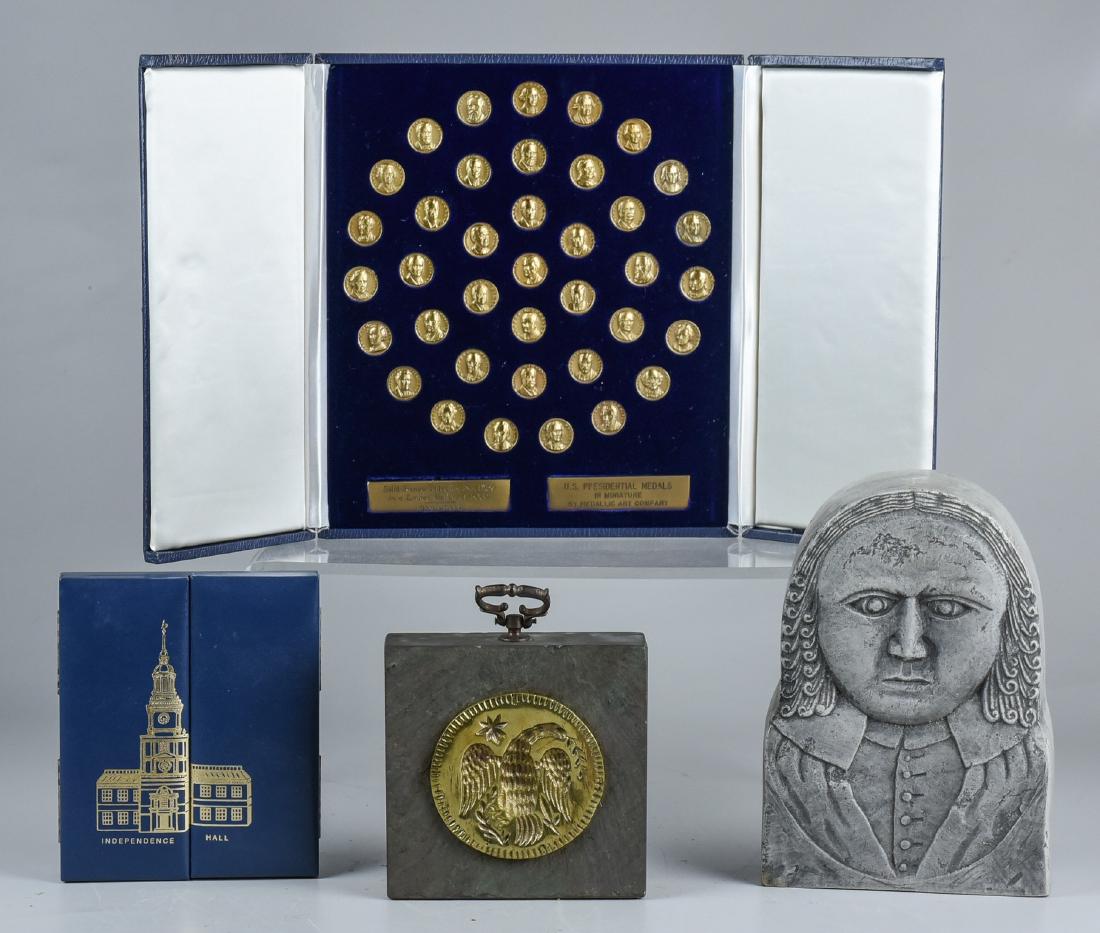 (38) Bronze US Presidential Medals: (38) Bronze US Presidential Medals (Each Measures 3/4" dia), Authentic Wood Chip from Independence Hall, Hanging Brass Eagle Inset in Stone, Lieutenant Ebenezer Fiske Stone Effigy