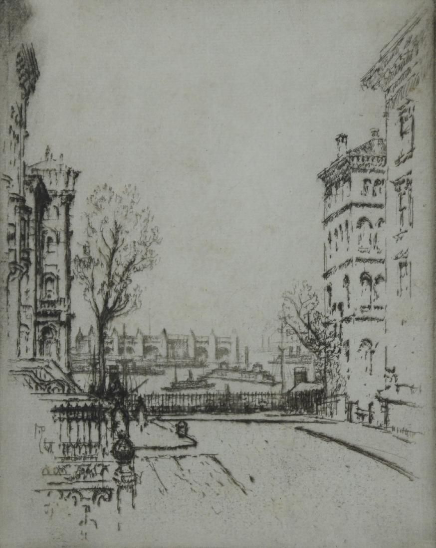 Joseph Pennell Etching Cityscape: Joseph Pennell (American,1857-1926) etching of cityscape, pencil signed "J. Pennell", 10" x 7-7/8" plate, framed 18-3/8' x 15-1/8", good condition, not inspected out of frame, wear to frame