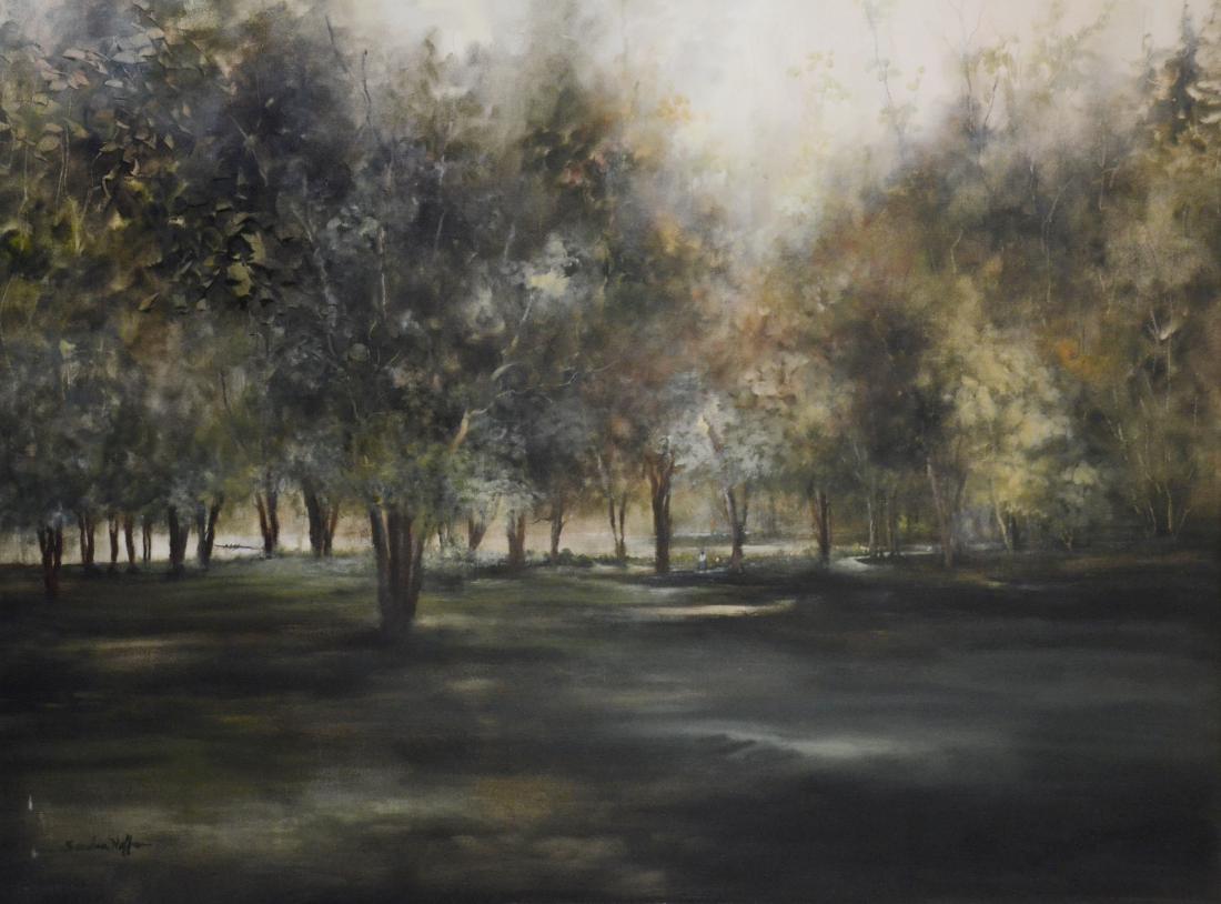 Sandra Hoffman Large Landscape Painting: Sandra Hoffman, 20th C. American PA artist, large landscape painting, oil on canvas, signed lower left, 38" x 50", framed 41-1/2" x 53-1/2", very good condition, minor abrasion bottom left corner