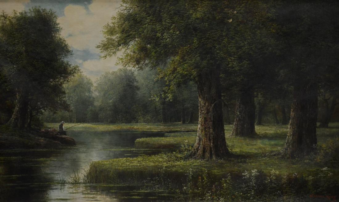 Carrol King Large Landscape Painting: Carrol King, 20th C. American, large landscape painting with men fishing, oil on canvas, signed lower right, 30" x 50", framead 36-3/4" x 56-3/4", good condition, 2 small punctures, gilt losses on fra