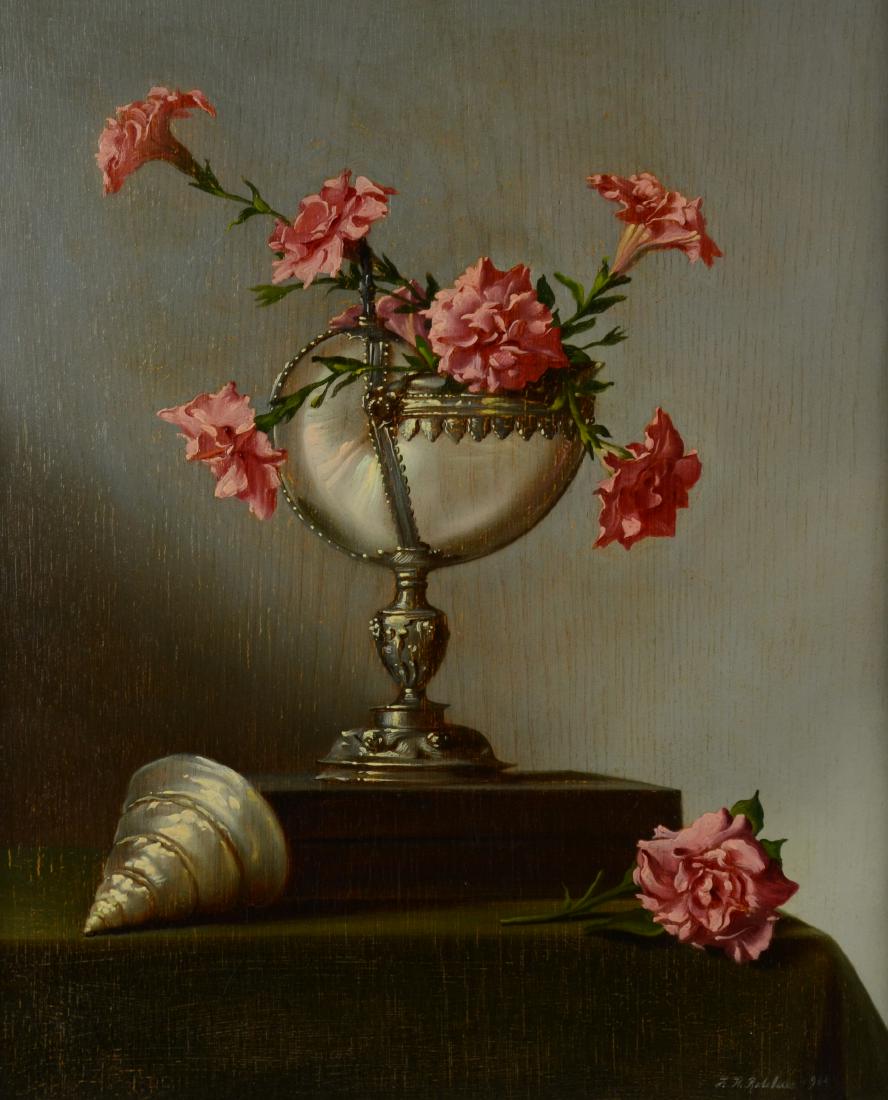 Frank Redelius Still Life Painting: Frank Redelius (American, 1925-2011), Baltimore, MD artist, still life painting "Flowers in a 17th C. Cup", oil on panel, signed "F.H. Redelius 1964", exhibition label from Grand Central Art Galleries