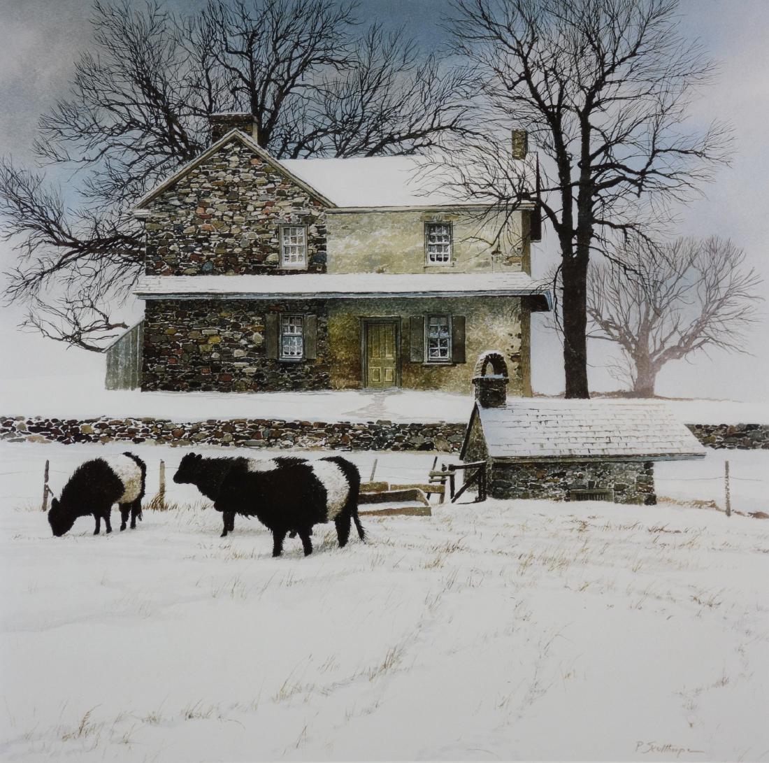 Peter Sculthorpe Signed Lithograph "Winter Scene with: Peter Sculthorpe (American, b. 1948) PA artist, signed lithograph "Winter Scene with Cows", pencil signed "P. Sculthorpe", edition 286/500, 17-1/4" x 18" image, framed 27-5/8" x 28-3/8", excellent con