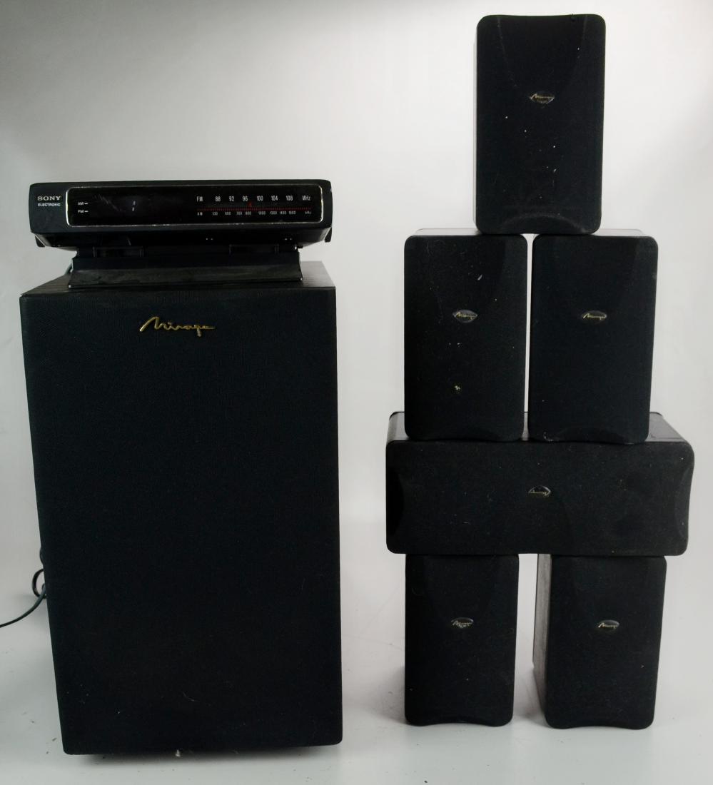 Mirage Surround Speakers and Subwoofer: Electronics Including Mirage Surround Speakers (5 Speakers and 1 Center Speaker) and Subwoofer S8, Three Remotes: Mitsubishi, Panasonic and Philips, and Sony Alarm Clock Radio