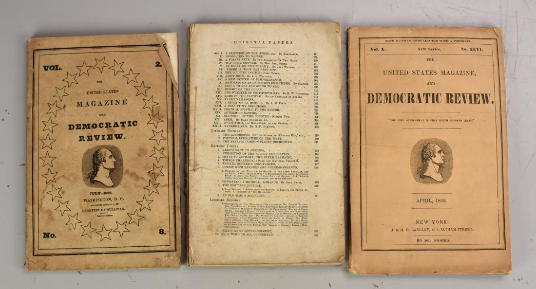 1st Printings: Sir Walter Scott, Alexis de Tocqueville,: (3) Democratic Review magazines featuring the 1st printings of: Sir Walter Scott "The Stars that have Set in the Nineteenth Century", Alexis de Tocqueville "European Views of American Democracy", Napo