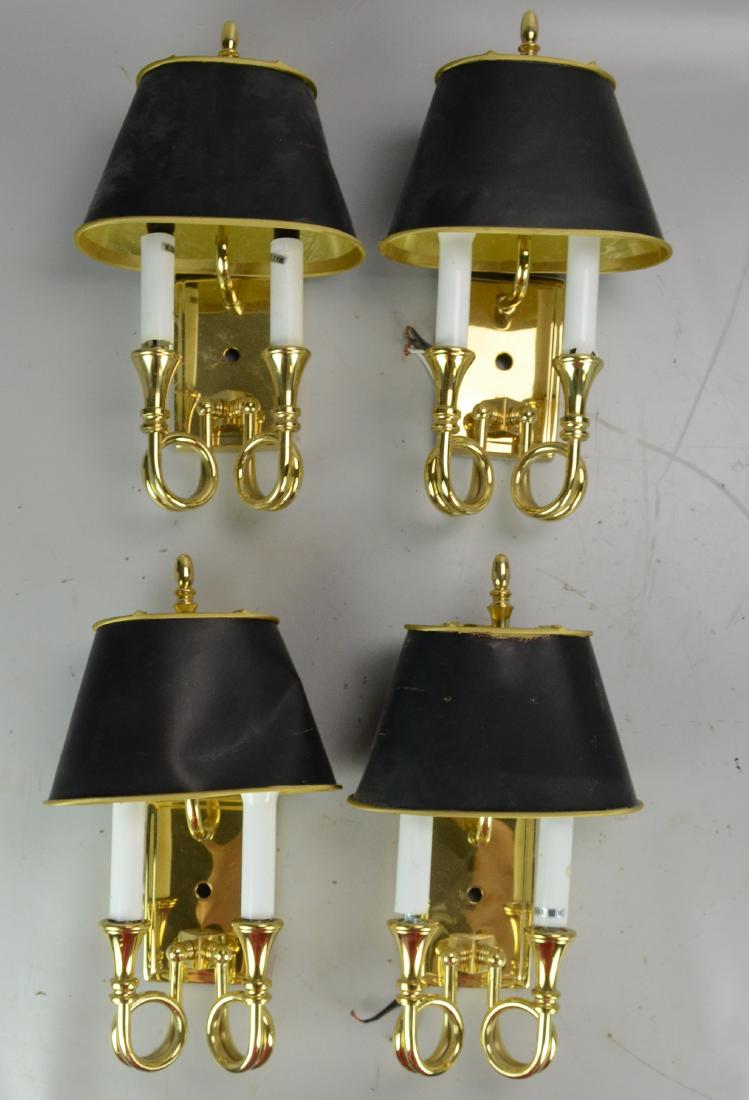 (4) Brass Electric Wall Sconces with Shades: (4) Brass Electric Wall Sconces with Shades (Measures 8" l x 3-1/2" w x 14" h), (Some Wear to Shades)