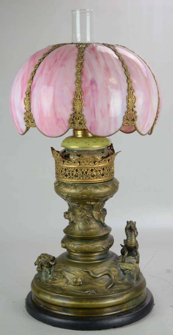 Brass Japanese Lamp with Dragon Decoration: Brass Japanese Table Lamp with Dragon, Turtle and Frog Decoration and Pink Slag Glass Shade (27-1/2" h)