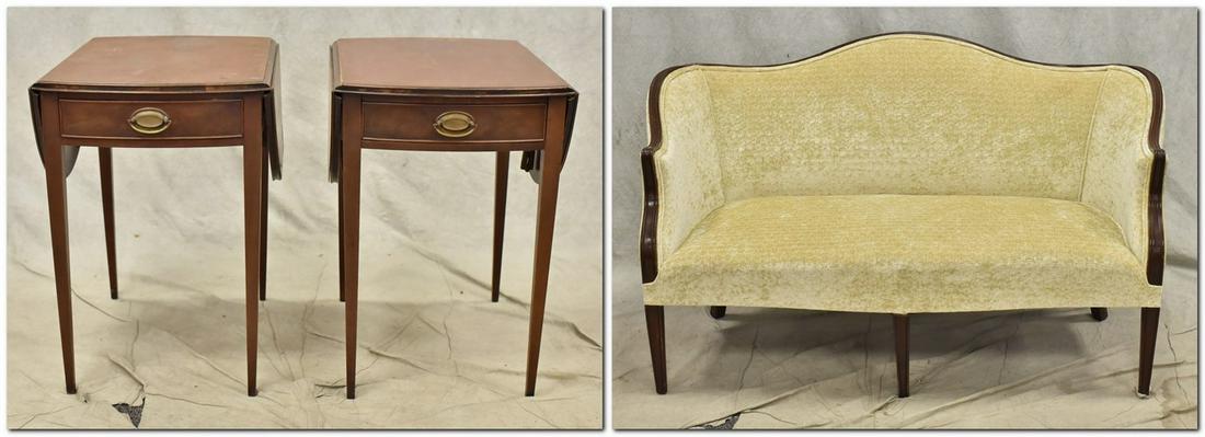 Hepplewhite camelback settee, Pr Henredon pembroke: Hepplewhite style camelback settee, 34" h, seat height 18-1/2" h, pr mahogany Heritage Henredon Hepplewhite style drop leaf pembroke tables, one drawer, tables 26" h x 18" w x 25" d, two 12" w drop le