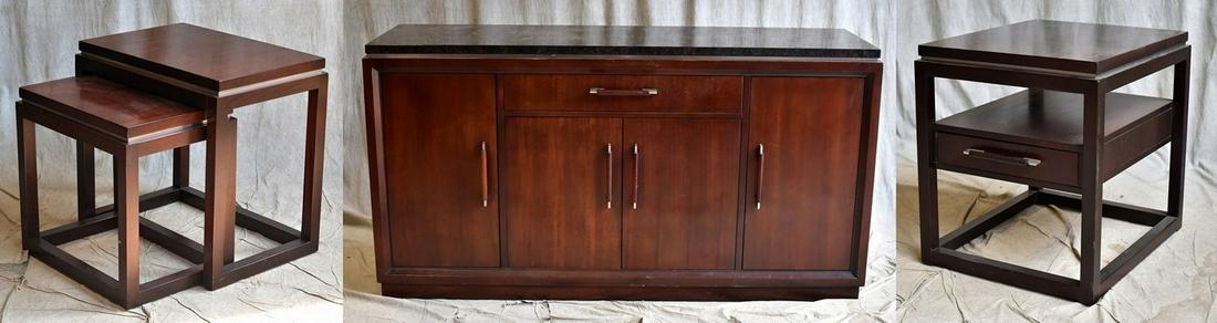 (3) pcs of Henredon Furniture: Henredon Modern Design sideboard, granite top, chrome accents, along with Henredon nesting tables, Henredon one drawer side table, 39" h x 73" w x 29" d
