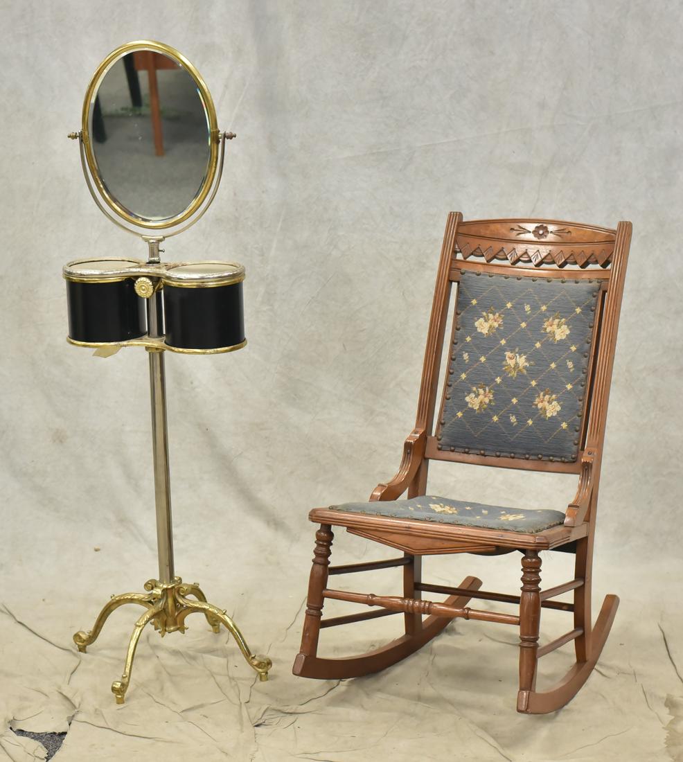 Victorian shaving mirror, Eastlake walnut rocking chair: Victorian shaving mirror on brass and chrome stand, Victorian Eastlake walnut rocking chair, 35" h, seat height 17-1/2" w