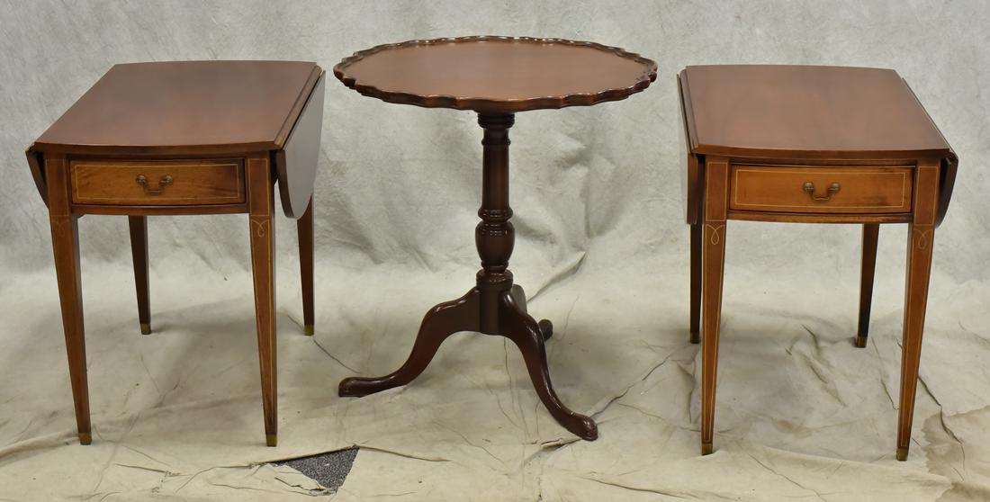 Pair inlaid mahogany pembroke tables, pie crust table: Pr mahogany JB Van Sciver inlaid pembroke tables, 19" w, 25" l, mahogany piecrust lamp table