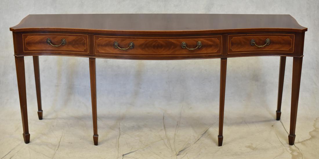 Hepplewhite style inlaid mahogany serpentine huntboard: Hepplewhite style inlaid mahogany serpentine huntboard, three drawers, 33" h x 78" w x 24" d
