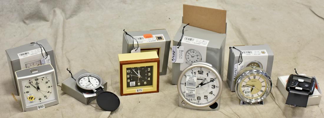 (6) Seiko Desk & Travel Clocks: (6) Seiko clocks, battery operated, c/o (4) desk clocks #QXE047LY, #QHE040WL, #QHE132GL, #QXE011AL, (2) travel clocks #QHT011KL, #QHL004KL, new in original boxes, NOS