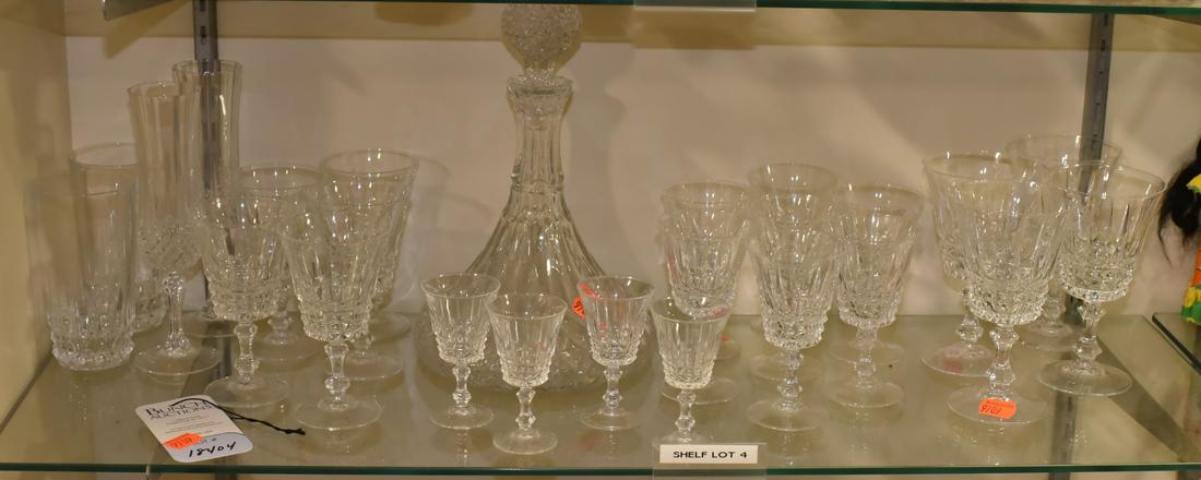 Shelf Lot #4 - (23) Pcs Barware: Shelf #4 - (23) Pcs barware, c/o decanter, 2 champagne flutes, 4 water goblets, 5 red wine, 7 white wine, 4 cordial, 2 tumblers