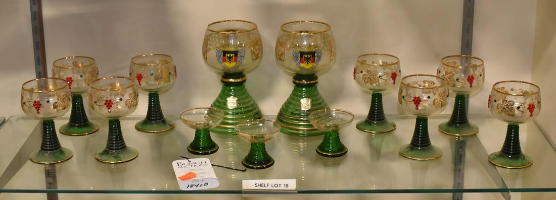 Shelf #18 - Bohemian Glassware: Shelf #18 - Bohemian glassware with green beehive stems, c/o (2) large goblets with Wittig Crystal Erwi Hadamar foil label (one with music box in stem not currently working), (8) small goblets with ap