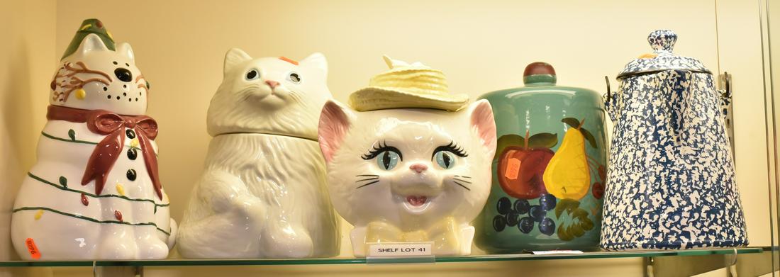 Shelf #41 - Cookie Jars: Shelf #41 - Cookie Jars Including Stephanie Stouffer Cat, Blue Decorated with Fruit, (2) Metlox Cats, Spongeware Coffee Pot