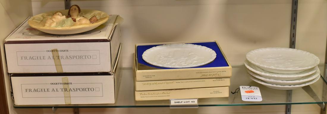 Shelf #43 - Volteradici and Fenton Plates: Shelf #43 - (2) Studio Dante Di Volteradici Alabaster Plates, (7) Fenton Milk Glass Colonial Plates 3 with Boxes